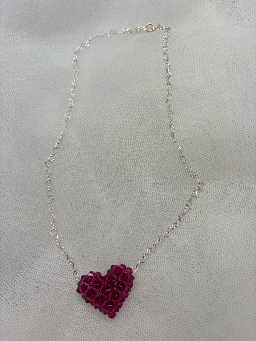 Silver Chain Necklace with Fuchsia Crystal Cluster Pendant